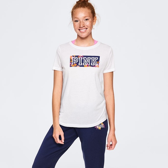 ๐VS PINK WHITE & FLORAL LOGO RAGLAN CREW TEE - Picture 2 of 5